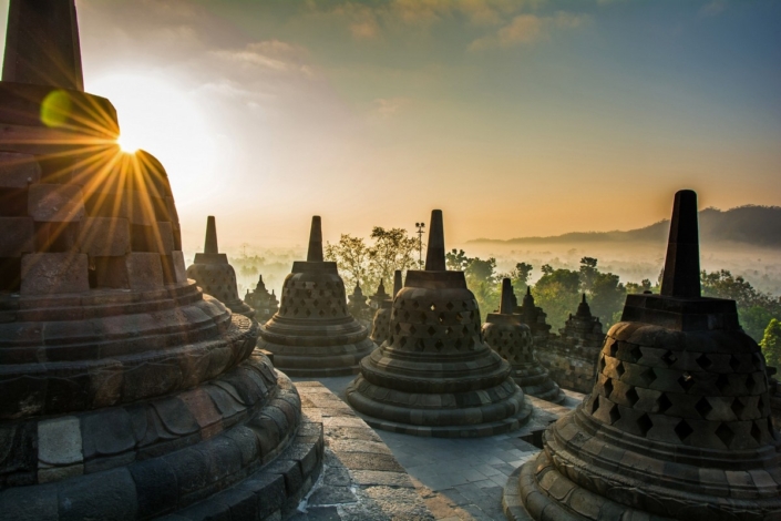 Sunrise at Borobudur Buddhist Temple, Java Island, Indonesia, Un